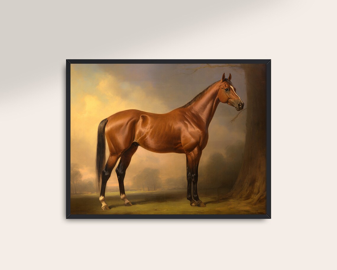Chestnut Horse Golden Sunset Field Classic Equestrian Oil Art Poster - Image 3