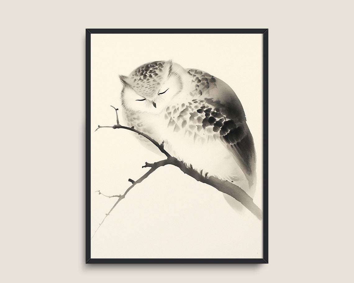 Sleeping Owl Branch Japanese Sumi-e Ink Painting Minimalist Art Poster - Image 2