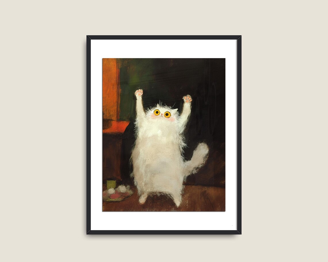 Funny White Cat Standing Paws Up Silly Fluffy Kitten Painting Cute Art Poster - Image 2