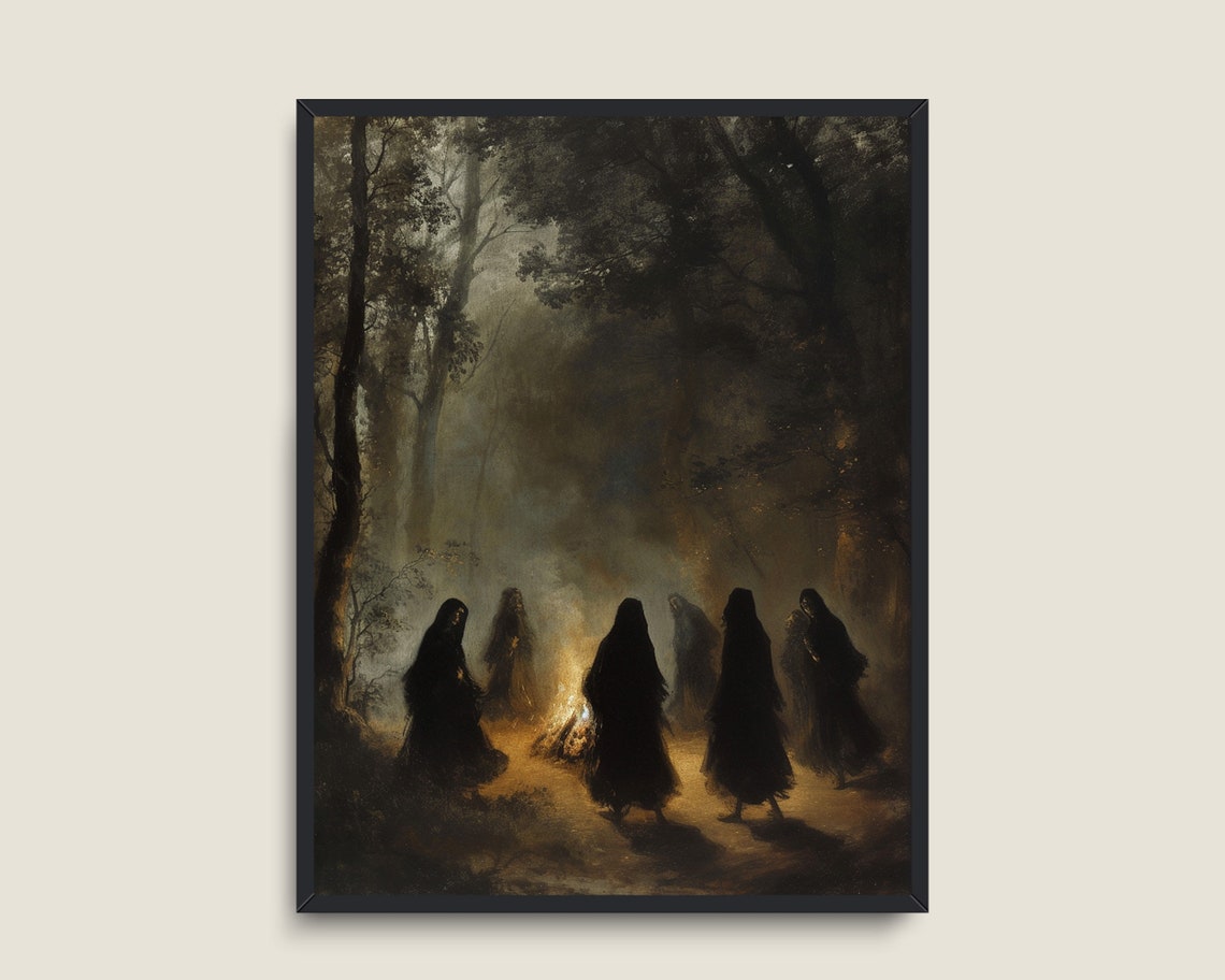 Hooded Witches Campfire Night Forest Dark Occult Magic Wall Art - Image 3
