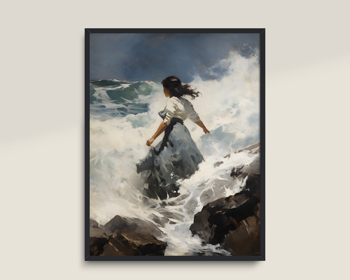 Woman Facing Crashing Ocean Waves Vintage Style Coastal Wall Print - Image 3
