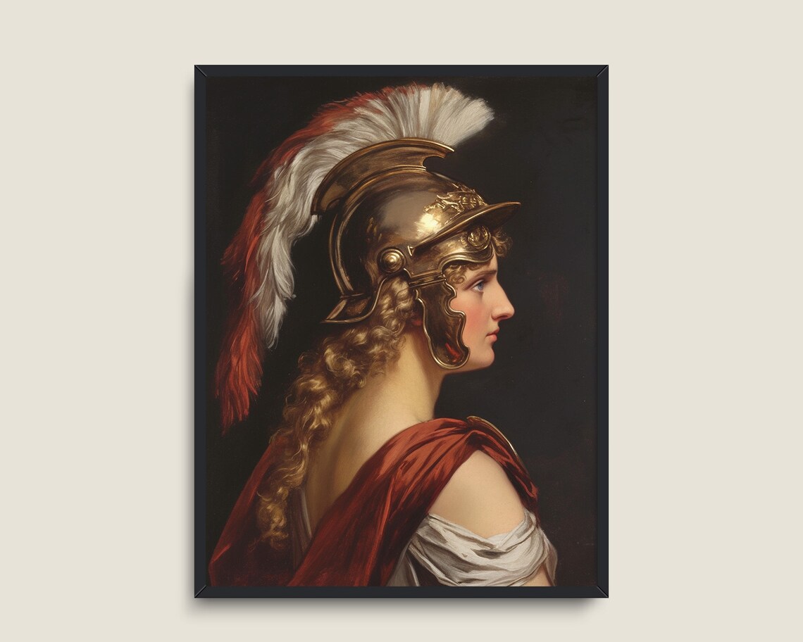 Woman Warrior In Roman Helmet With Red Plume Profile Portrait Poster - Image 3
