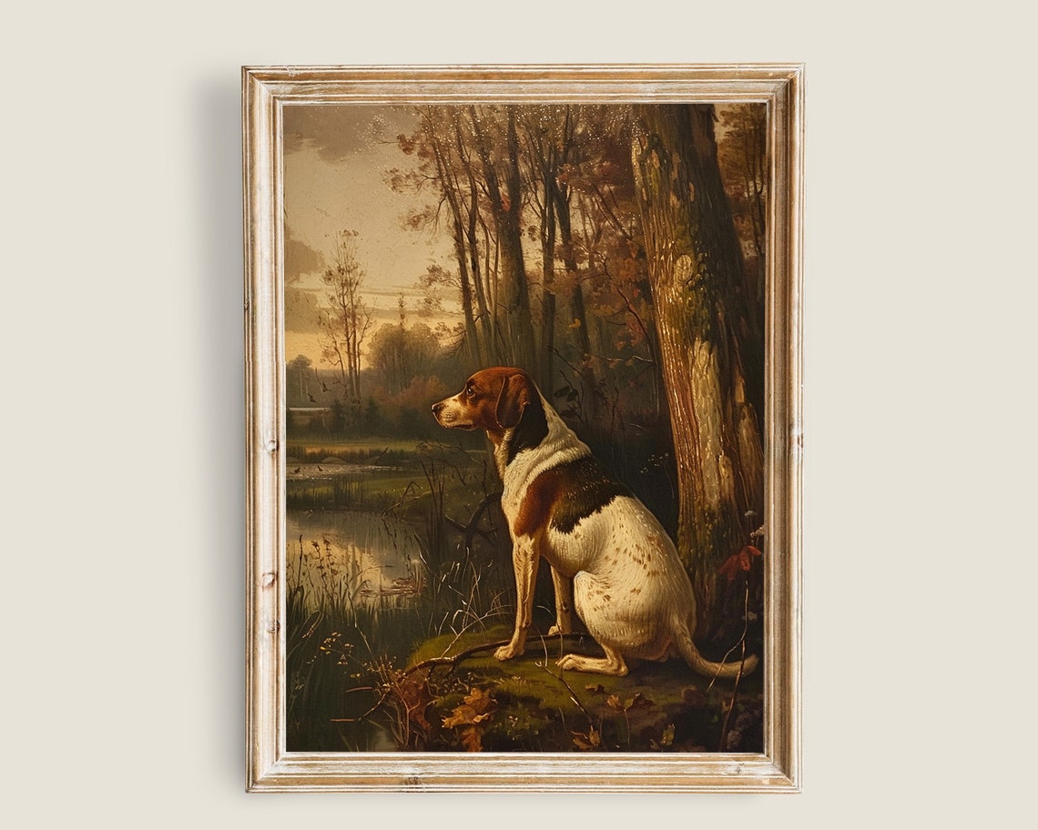 Dog Painting Vintage Art Art Vintage Animal Art Moody Dark Academia Decor Dark Forest Wall Art Hunting Dog Print