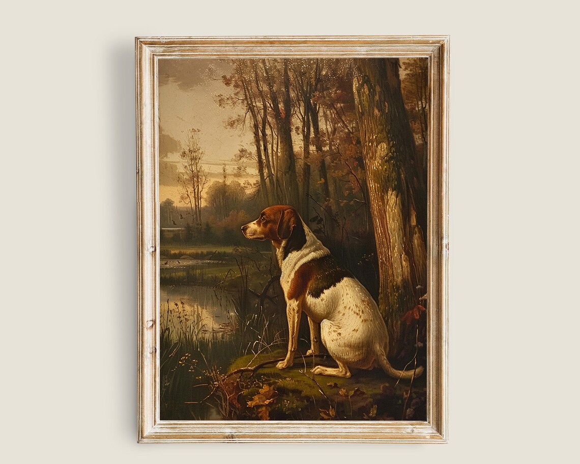 Hunting Dog by the Lake Vintage Style Forest Scene Wall Art Print