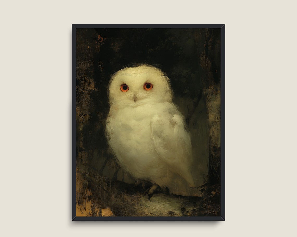 White Owl Orange Eyes Dark Moody Vintage Wildlife Portrait Print - Image 3