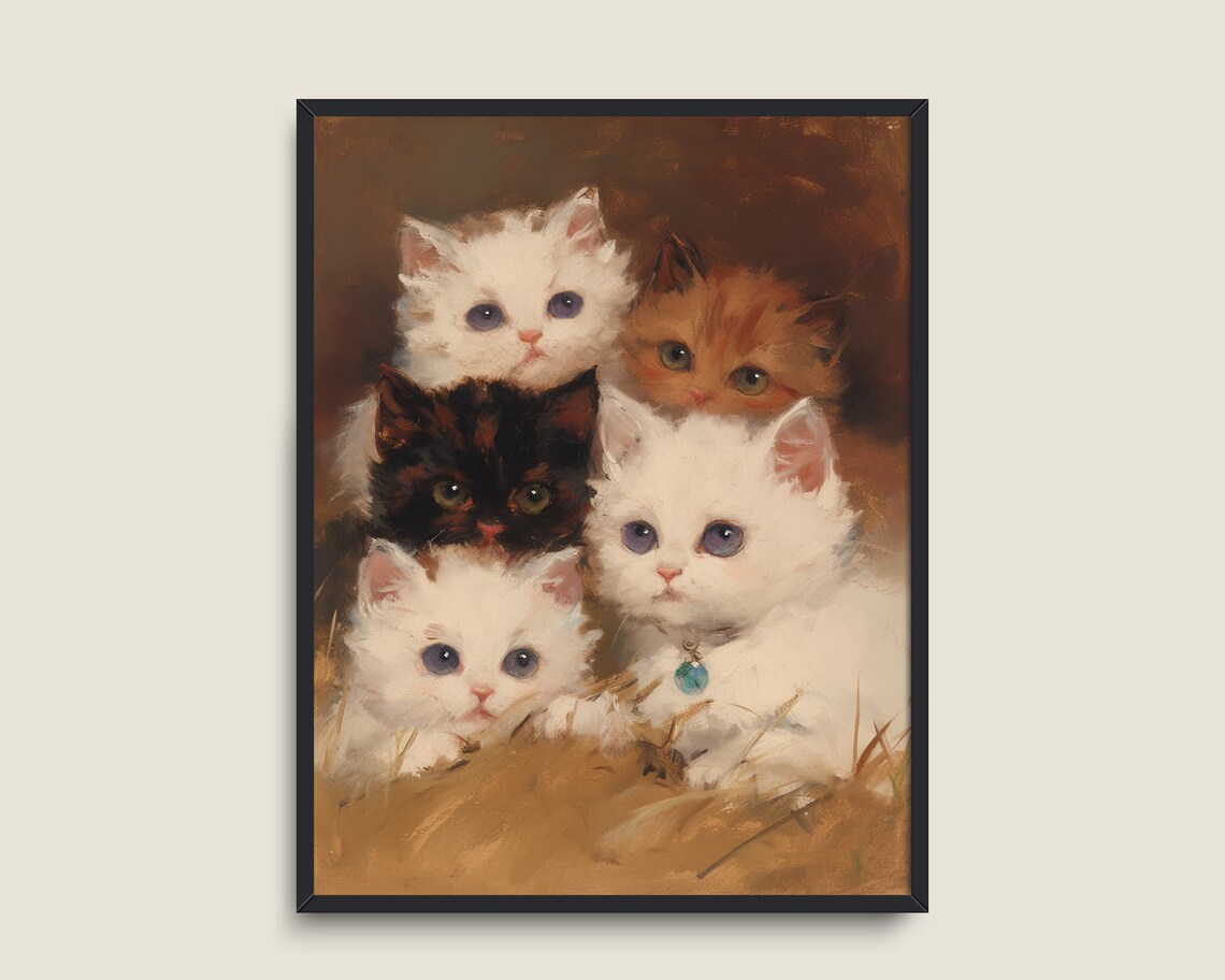 Five Kittens Vintage Oil Painting Fluffy Big Eyes Cute Nursery Animal Wall Art - Image 3