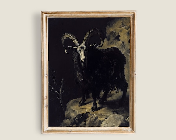Black Goat Art Print Dark Academia Decor Moody Victorian Painting Animals Wall Art Black Goth Vintage Print