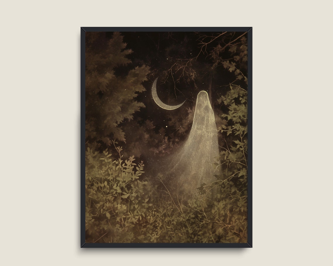Ghostly Veiled Figure Night Forest Crescent Moon Occult Wall Art - Image 3