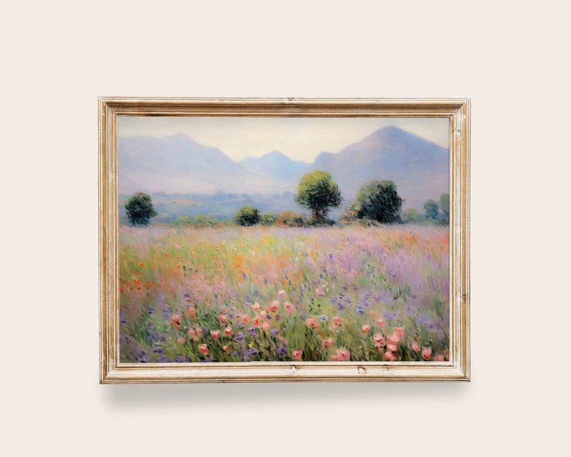 Wildflower Field Vintage Painting, Farmhouse Art Print