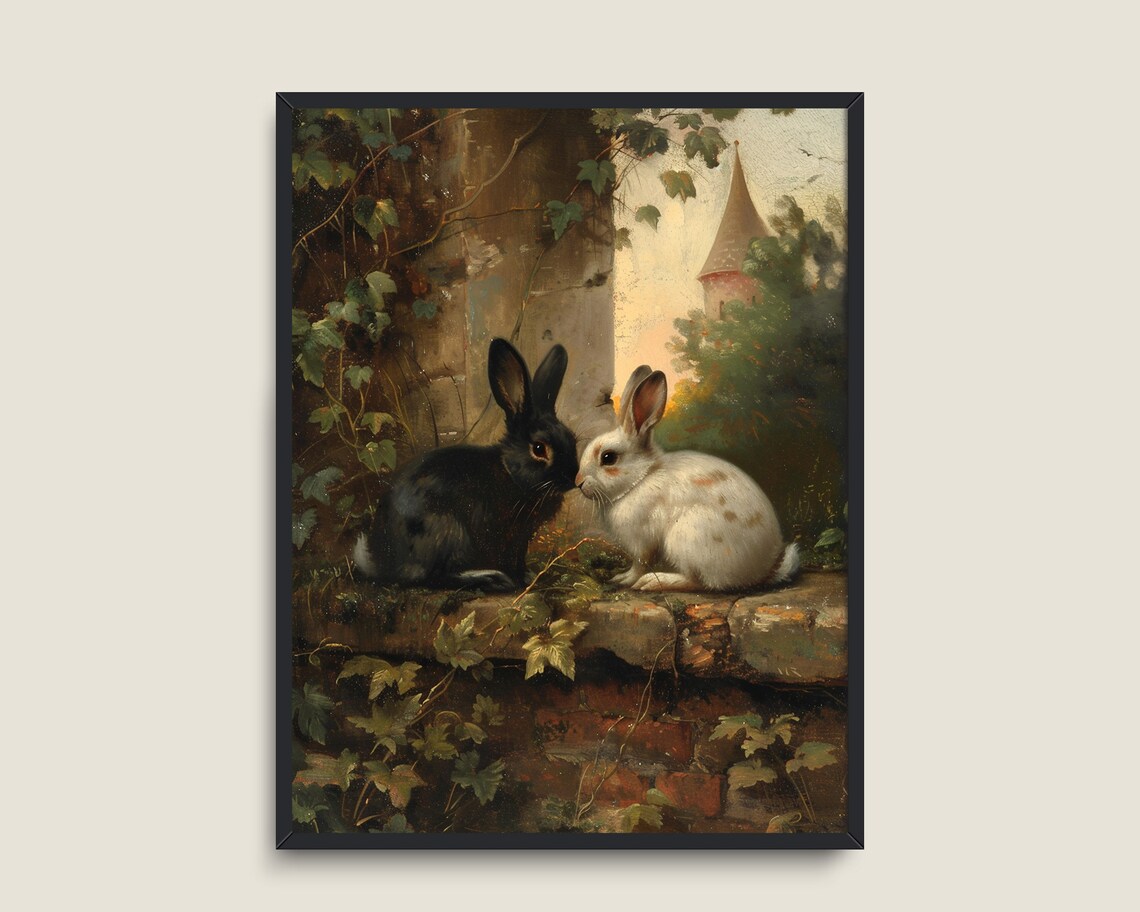 Black White Rabbits Ivy Ledge Vintage European Bunny Painting Print - Image 3