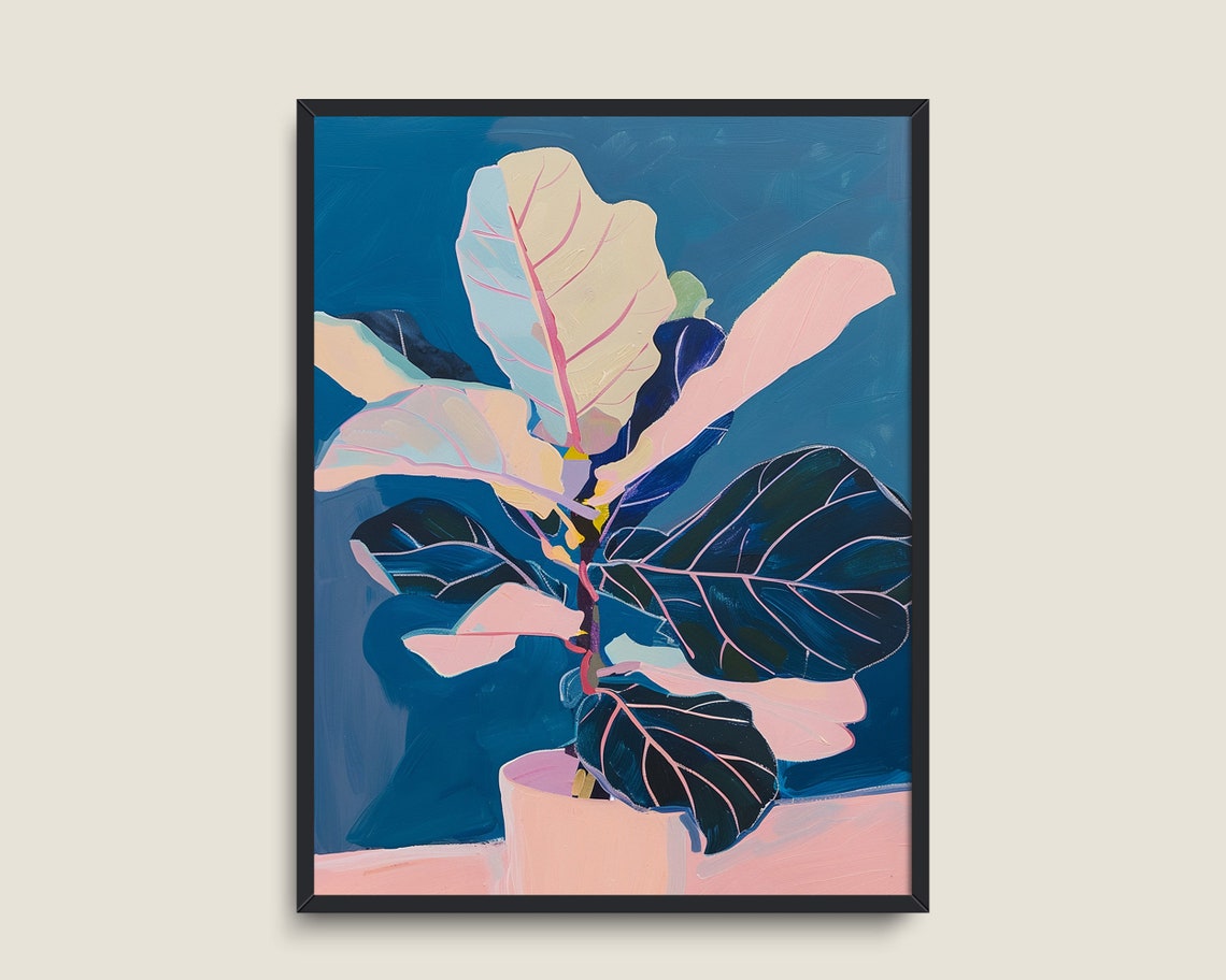 Fiddle Leaf Fig Painting Vintage Botanical Art Matisse Boho Indoor Plants Prints Fig Tree Art Wall Art Pink Leaf Decor - Image 3