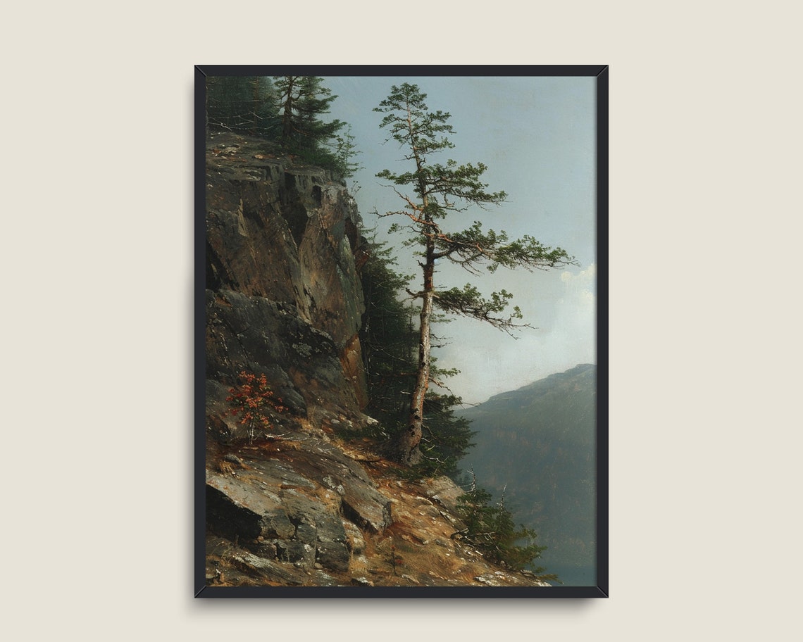 Rocky Cliff With Pine Trees Over Valley Moody Vintage Landscape Poster - Image 3