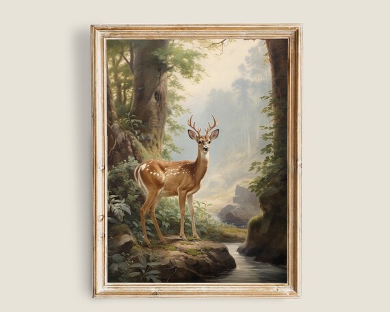 White Tailed Buck by Forest Stream Vintage Style Deer Wall Art Print