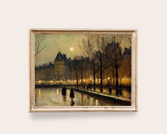Vintage Night Painting Europe Cityscape Art Print