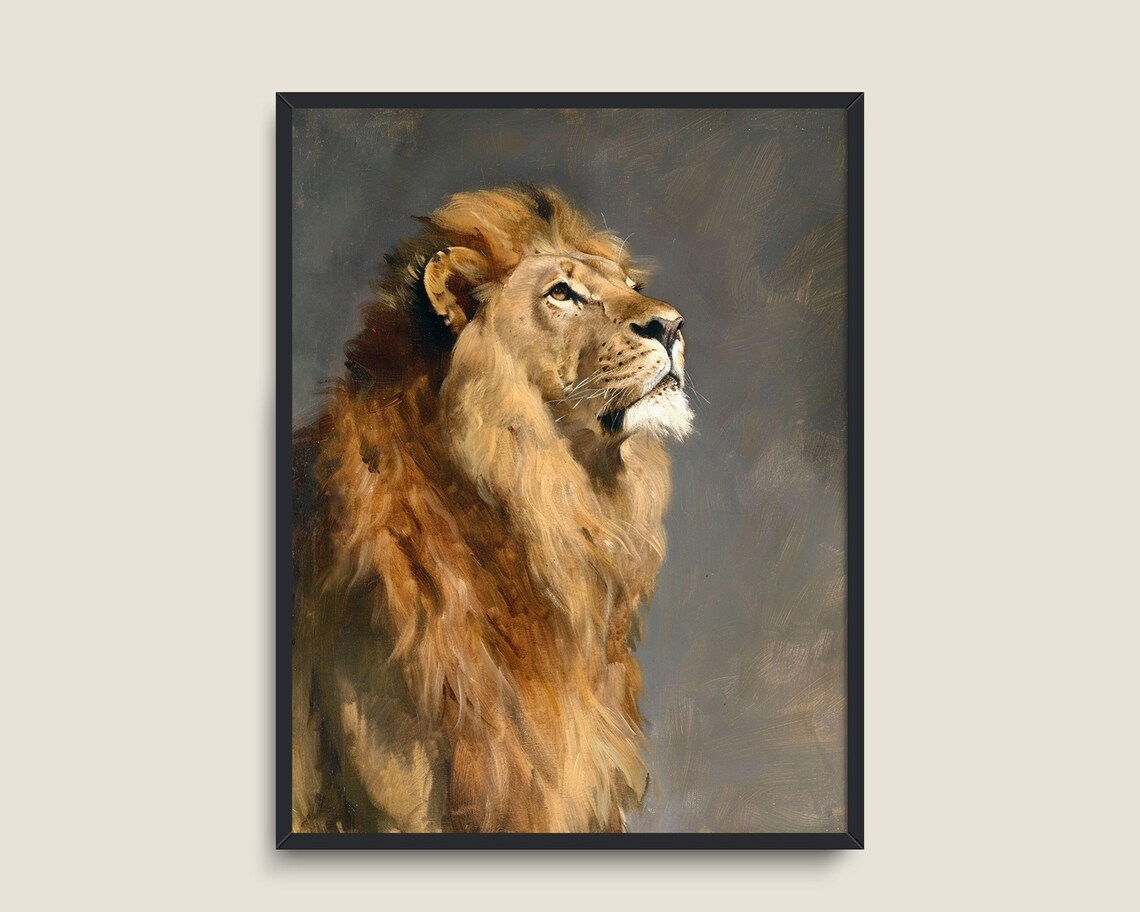African Lion Male Profile Vintage Oil Painting Majestic Big Cat Print - Image 3