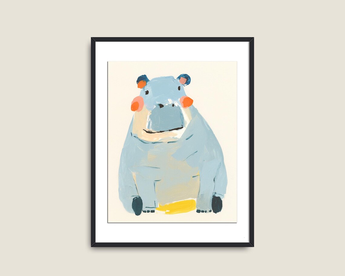 Adorable Blue Hippo Nursery Painting Pastel Kids Animal Poster - Image 2