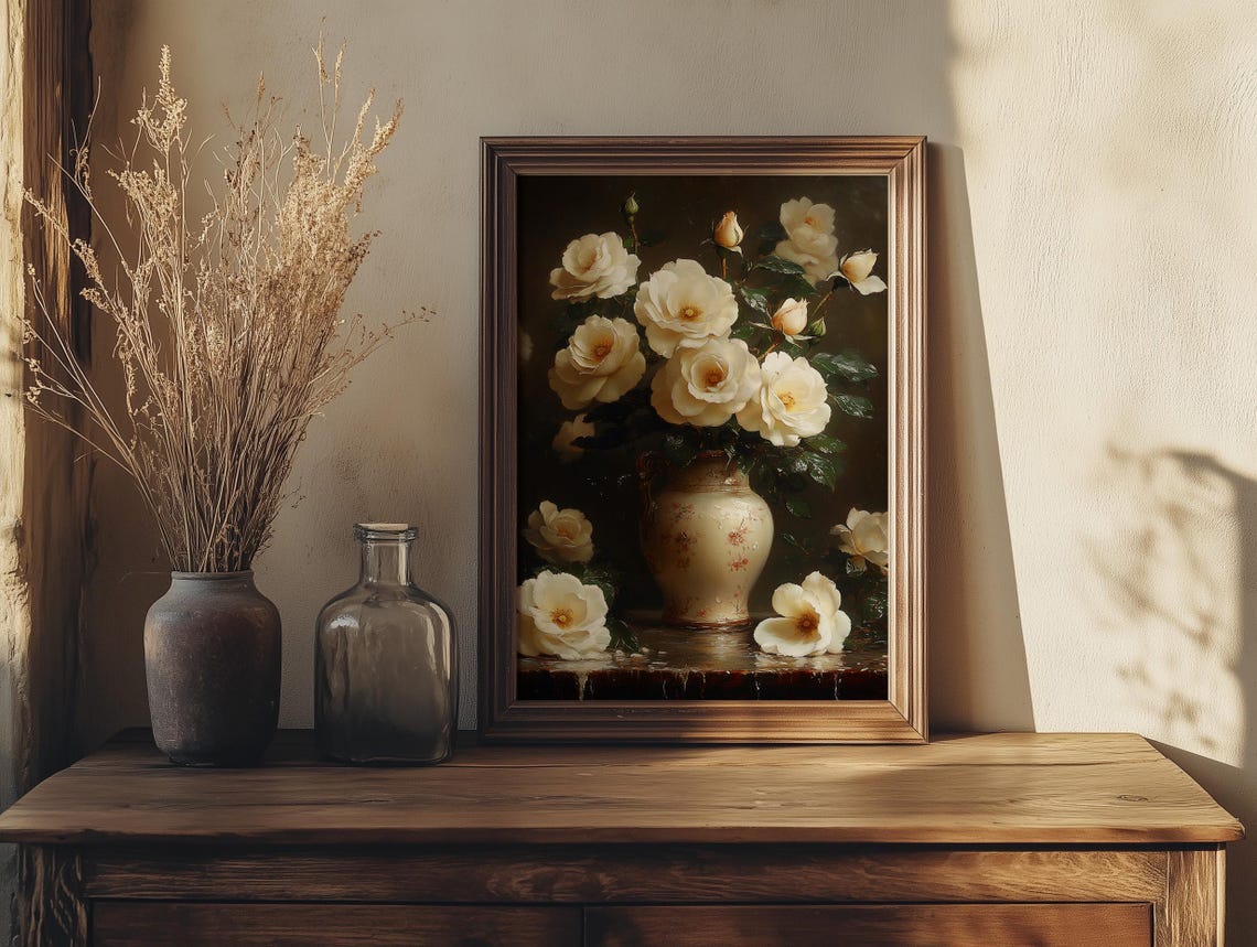 Elegant Creamy White Roses in a Patterned Porcelain Vase Poster - Image 5