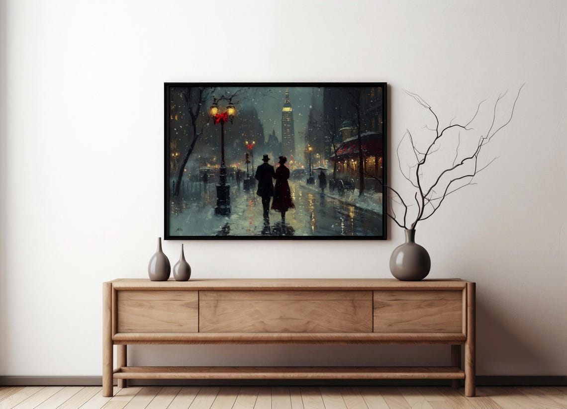 Romantic Snowy New York Street at Night Holiday Cityscape Poster