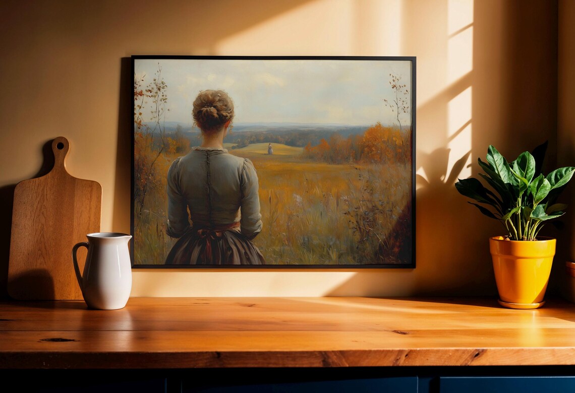 Woman Overlooking Golden Autumn Field With Distant Hill Figure Art Poster - Image 5