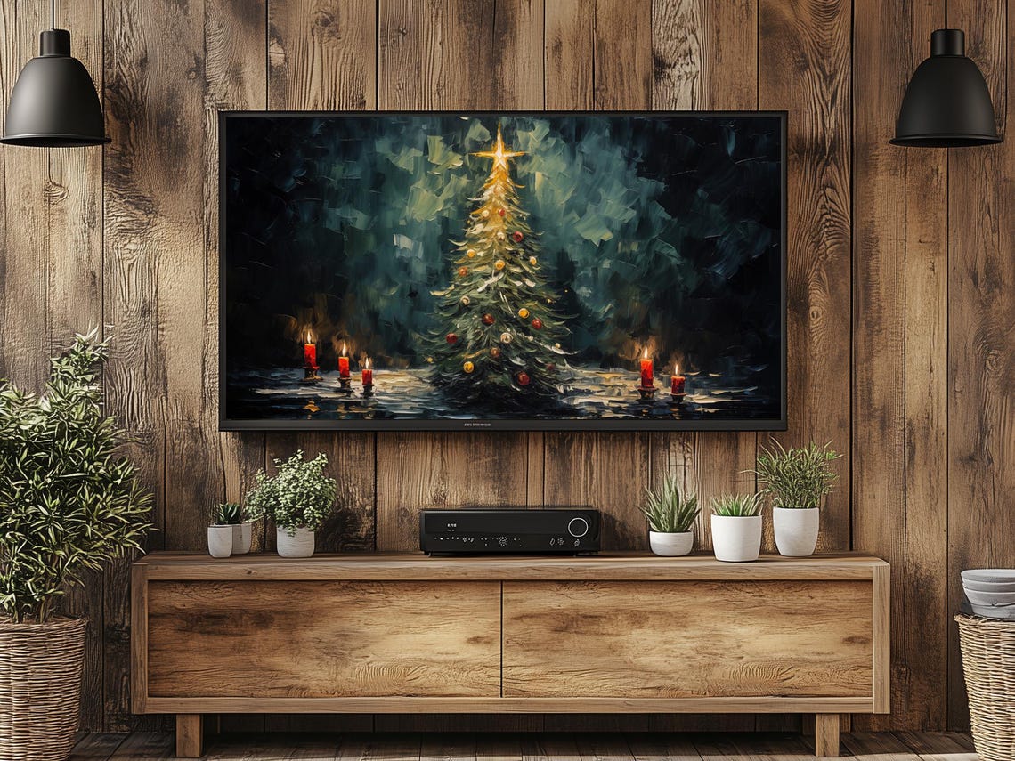 Impasto Christmas Tree With Glowing Star And Red Candles Night Poster - Image 2