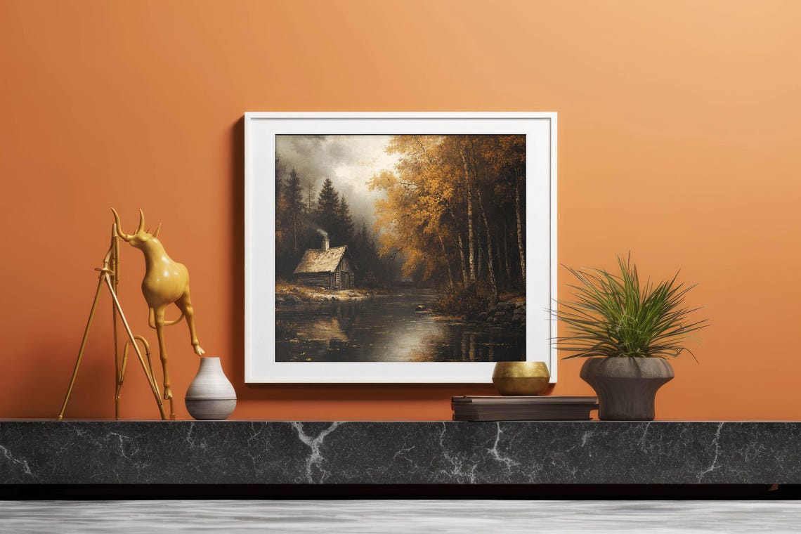 Rustic Autumn Stone Cottage Beside a Golden Forest River Poster - Image 5