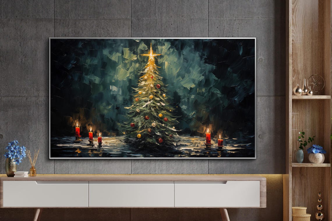 Impasto Christmas Tree With Glowing Star And Red Candles Night Poster - Image 6