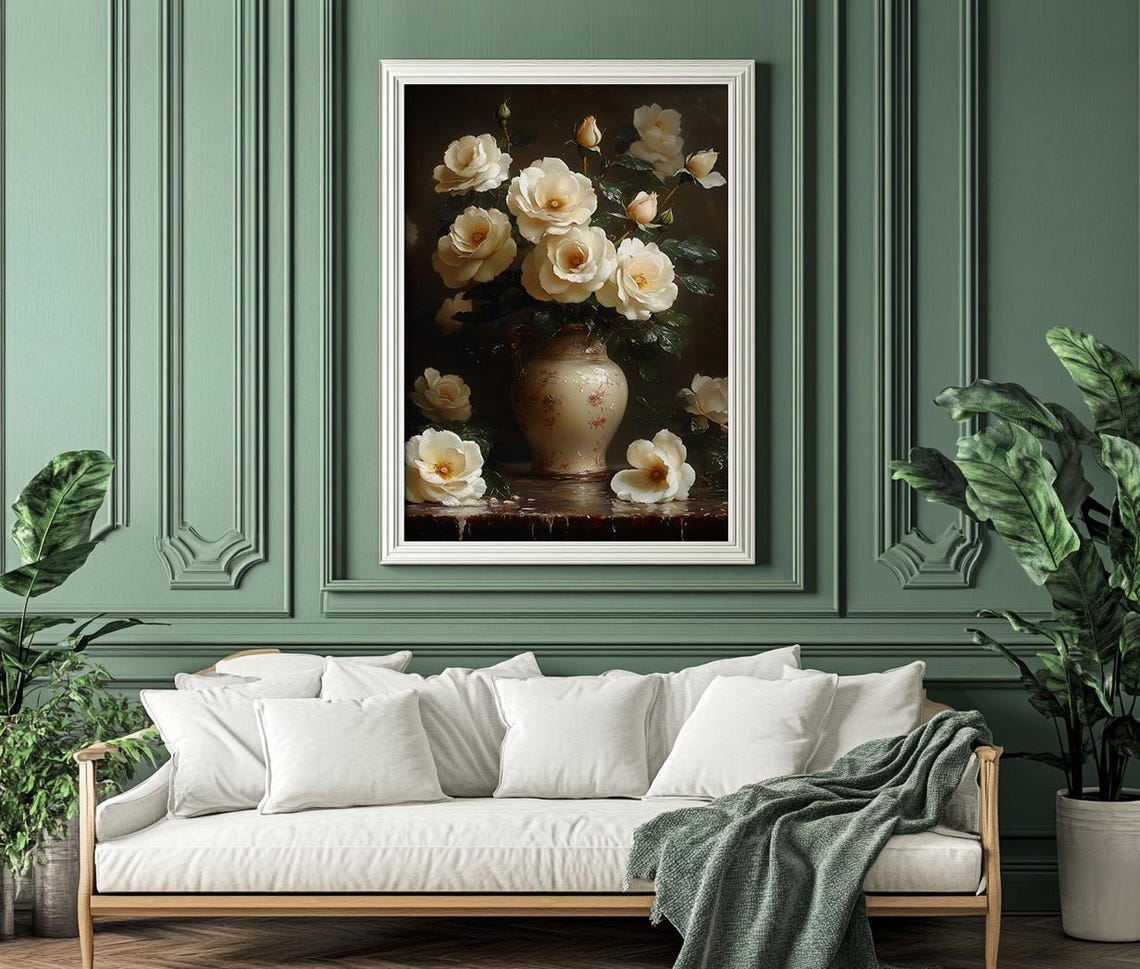 Elegant Creamy White Roses in a Patterned Porcelain Vase Poster - Image 4