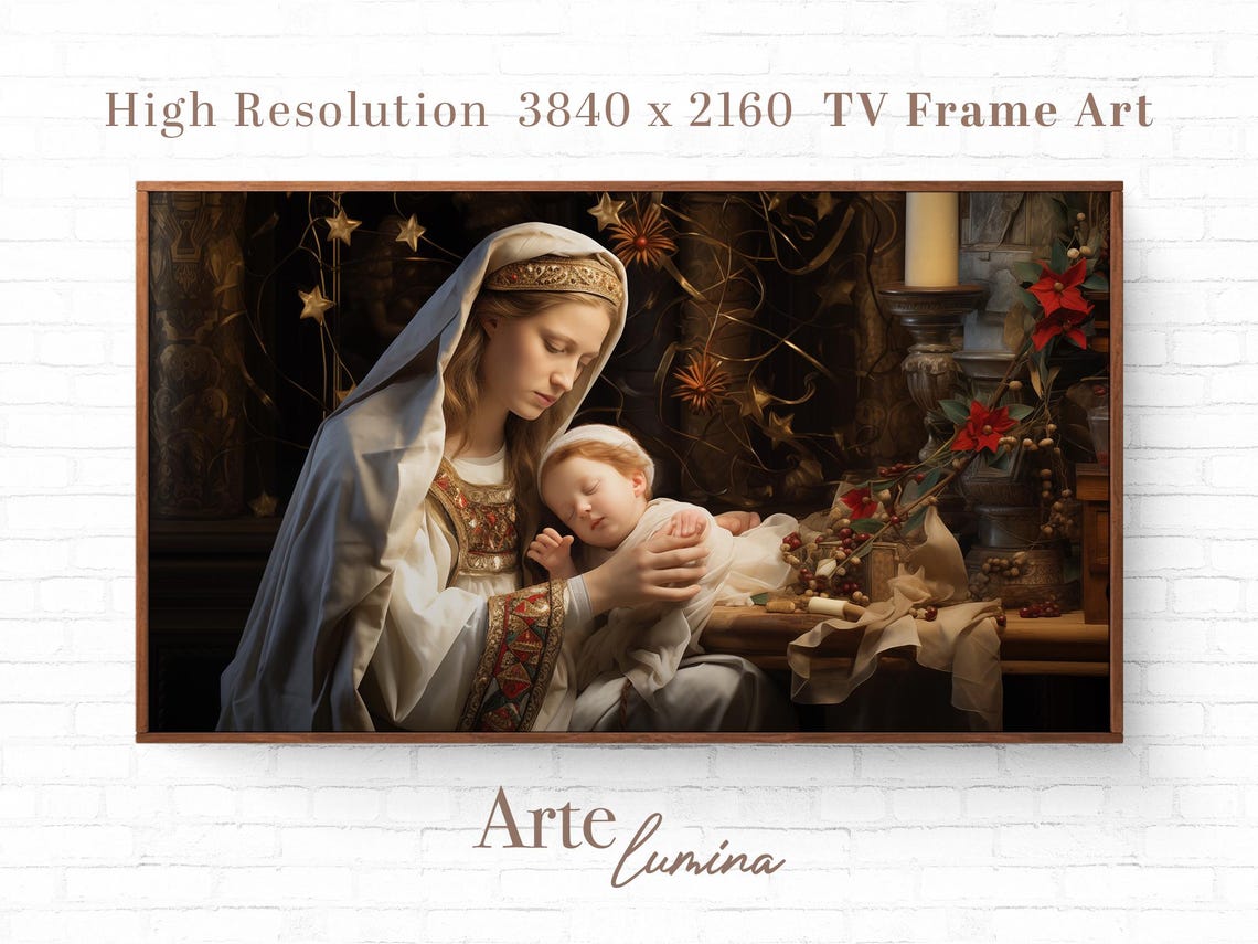 Madonna And Child With Candles And Poinsettias Christmas Art Poster