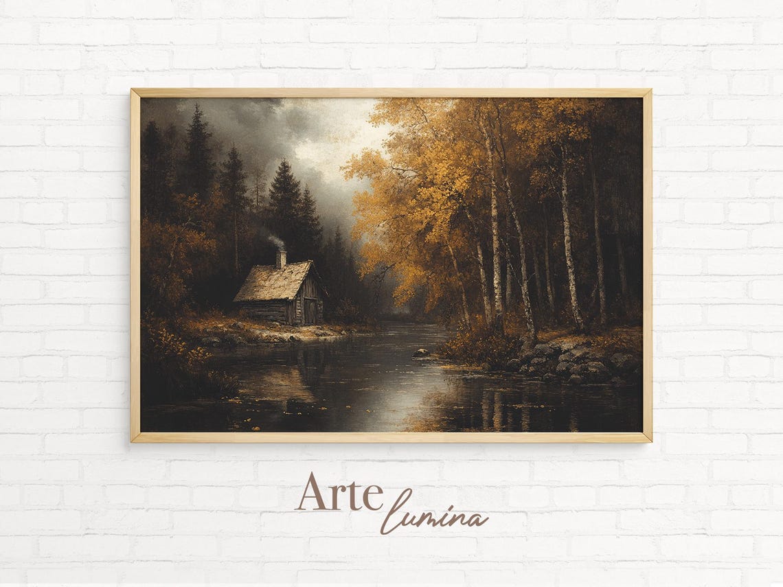 Rustic Autumn Stone Cottage Beside a Golden Forest River Poster - Image 7