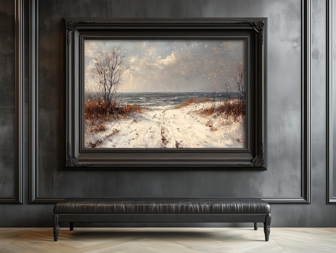 Snowy Lakeside Trail Falling Snow Winter Landscape Scene Poster - Image 6