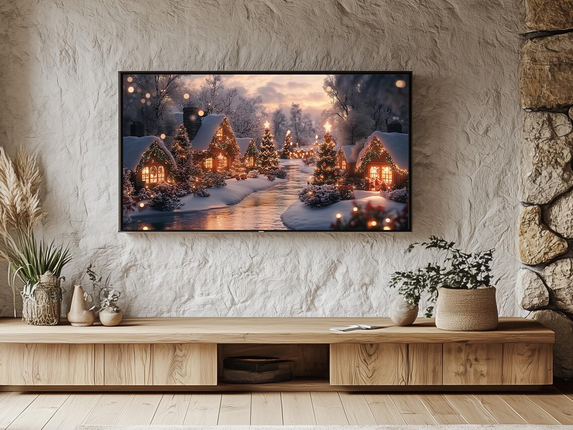 Snowy Christmas Village Cottages Along Frozen Canal At Dusk Art Poster - Image 3