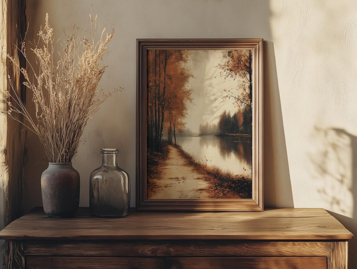 Misty Autumn Lakeshore Path With Birch Trees Vintage Landscape Poster - Image 4