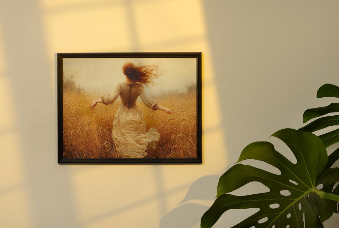Red Haired Woman Running Through Golden Wheat Field Painting Poster - Image 3