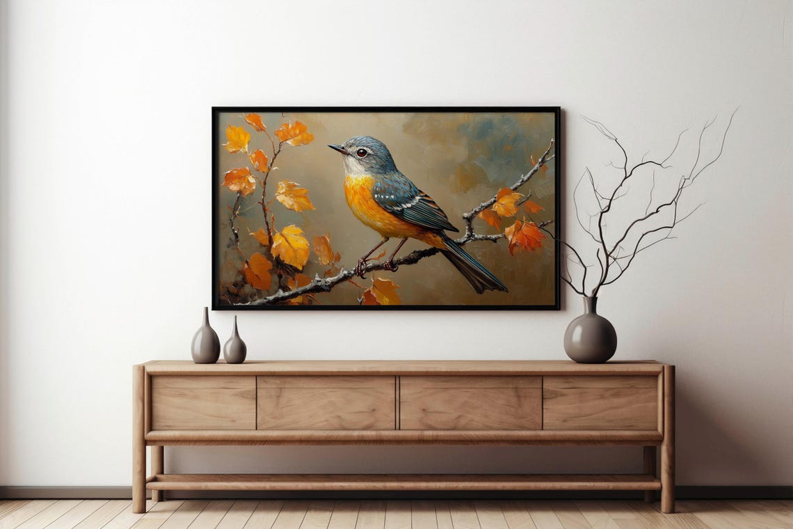 Vivid Blue and Orange Songbird on Golden Autumn Branch Poster - Image 6