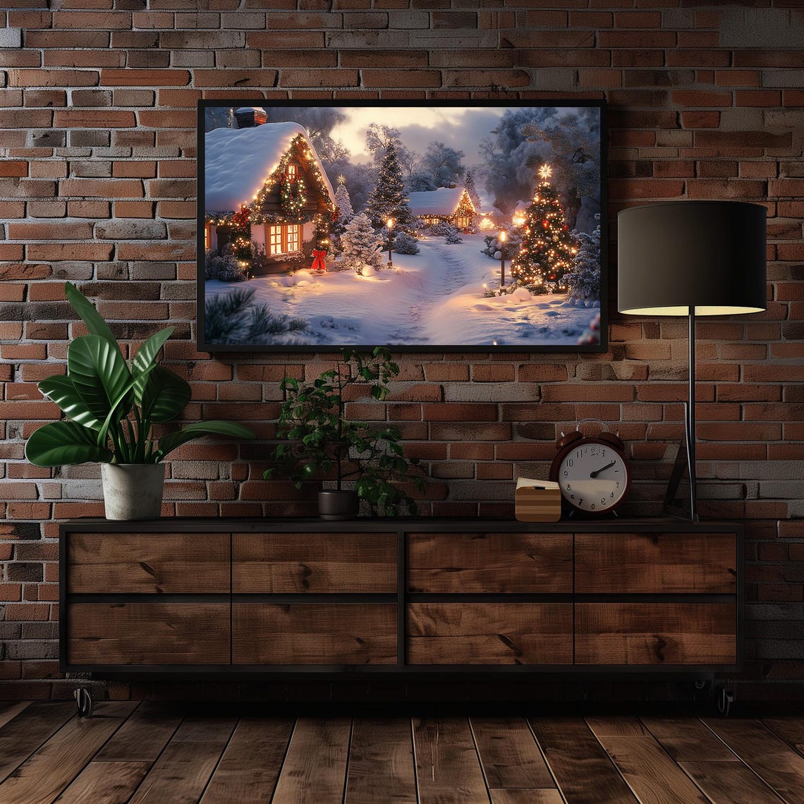 Snow Covered Christmas Cabin With Lights In Glowing Village Poster - Image 5