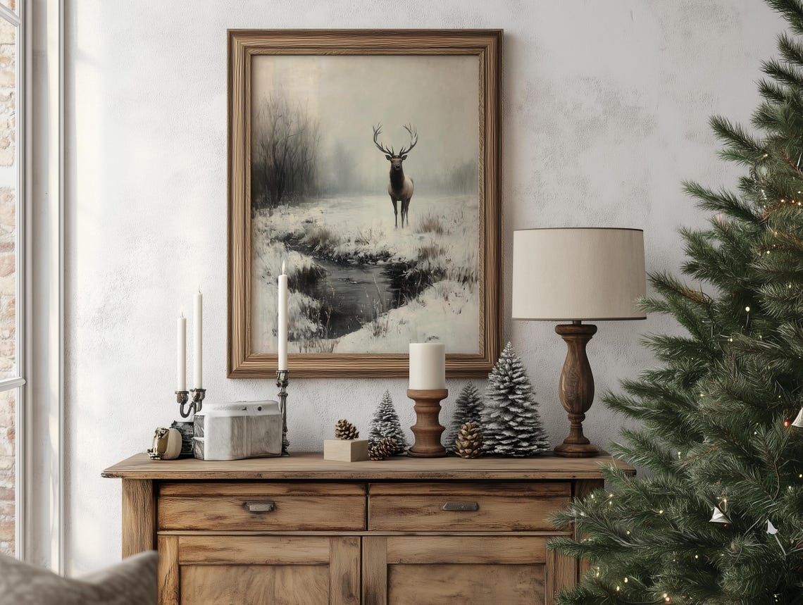 Noble Stag Beside a Misty Snowy Winter Stream Wildlife Poster - Image 5