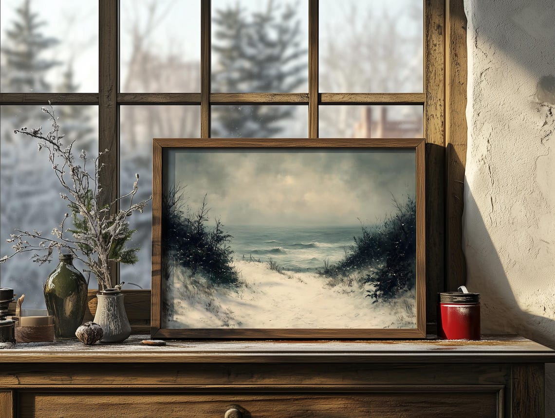 Snowy Beach Path Moody Winter Ocean Seascape Painting Poster - Image 2