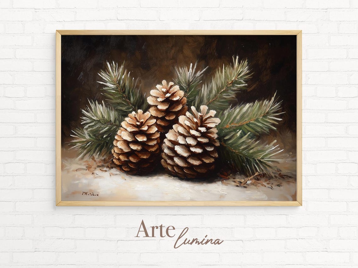 Three Pinecones with Snowy Pine Branches Winter Botanical Poster