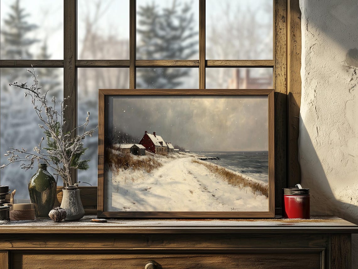 Snowy Coastal Village with a Red Farmhouse Winter Art Poster - Image 3