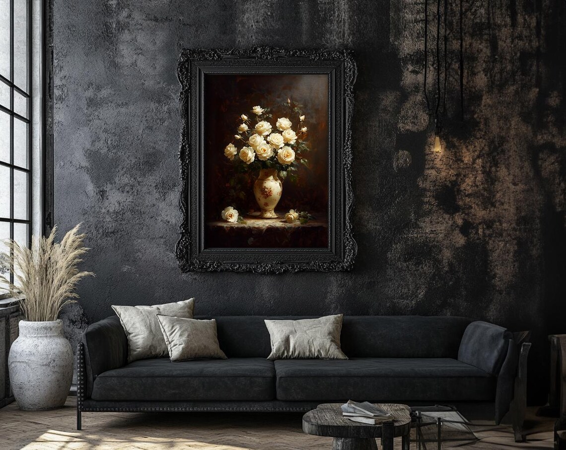 White Roses In Vintage Porcelain Vase Moody Floral Oil Painting Poster - Image 7