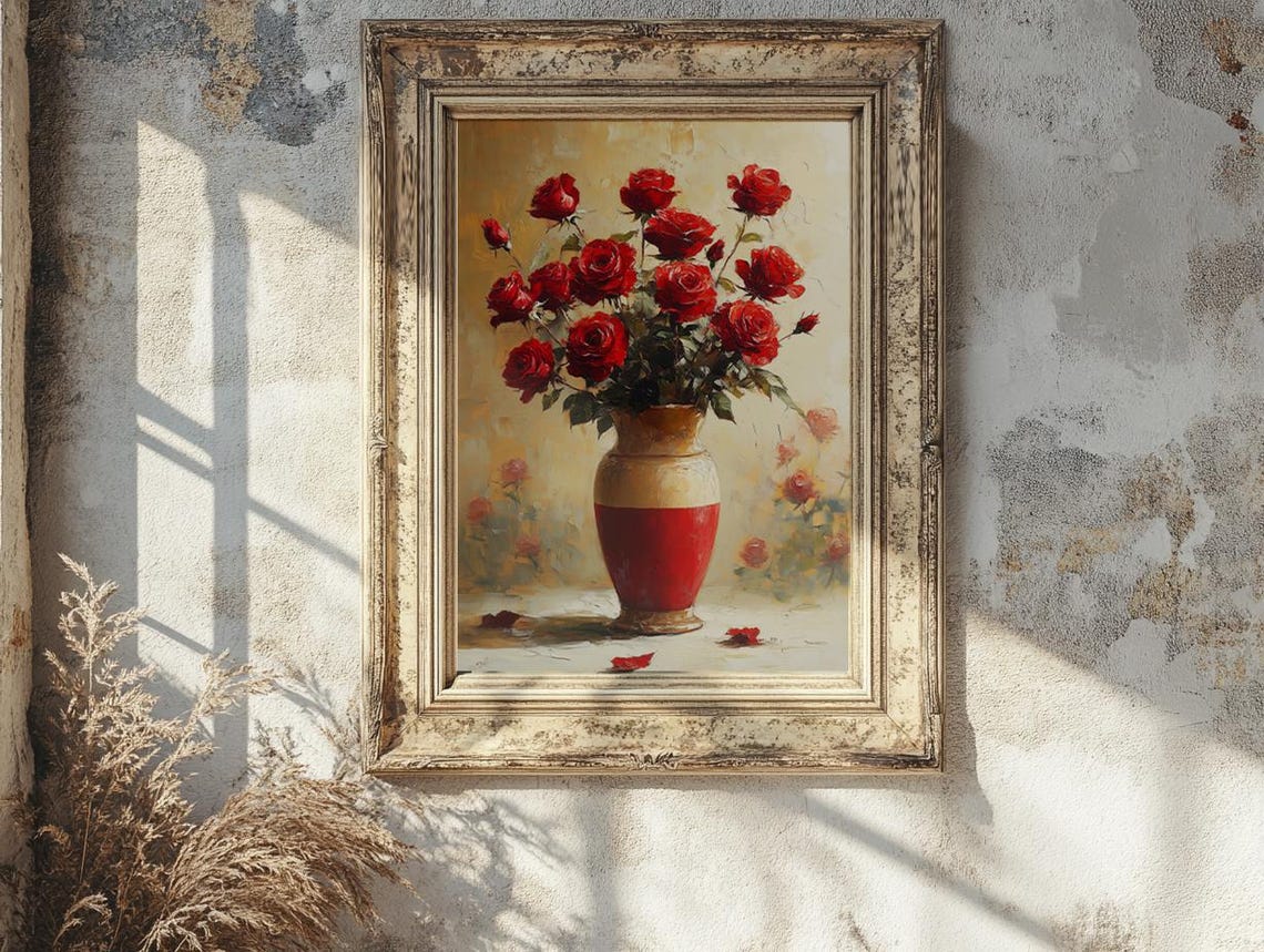 Bold Red Roses in a Red and Gold Vase Floral Still Life Poster - Image 4