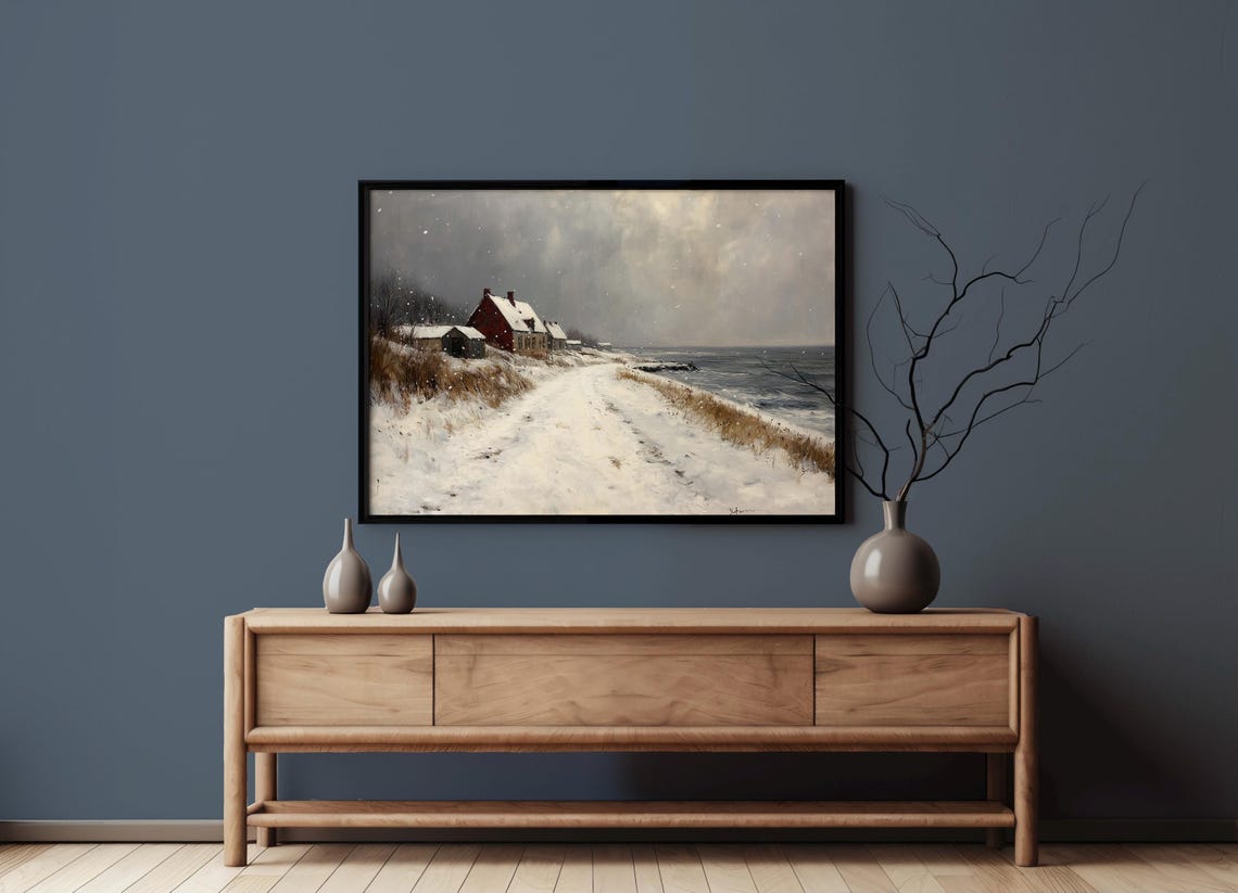 Snowy Coastal Village with a Red Farmhouse Winter Art Poster