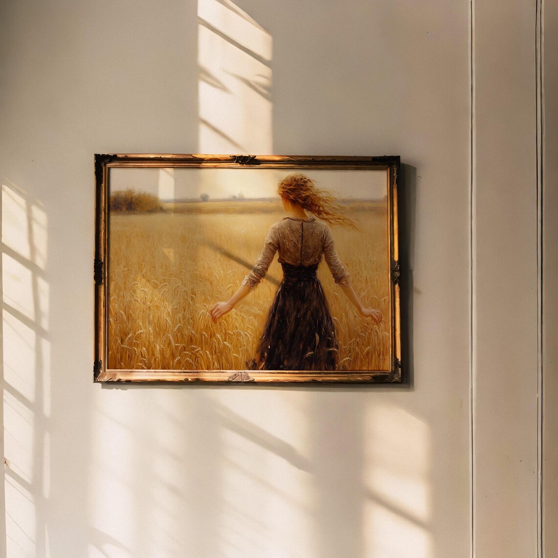 Woman In Dark Dress Amid Golden Wheat Field Windswept Vintage Art Poster - Image 5