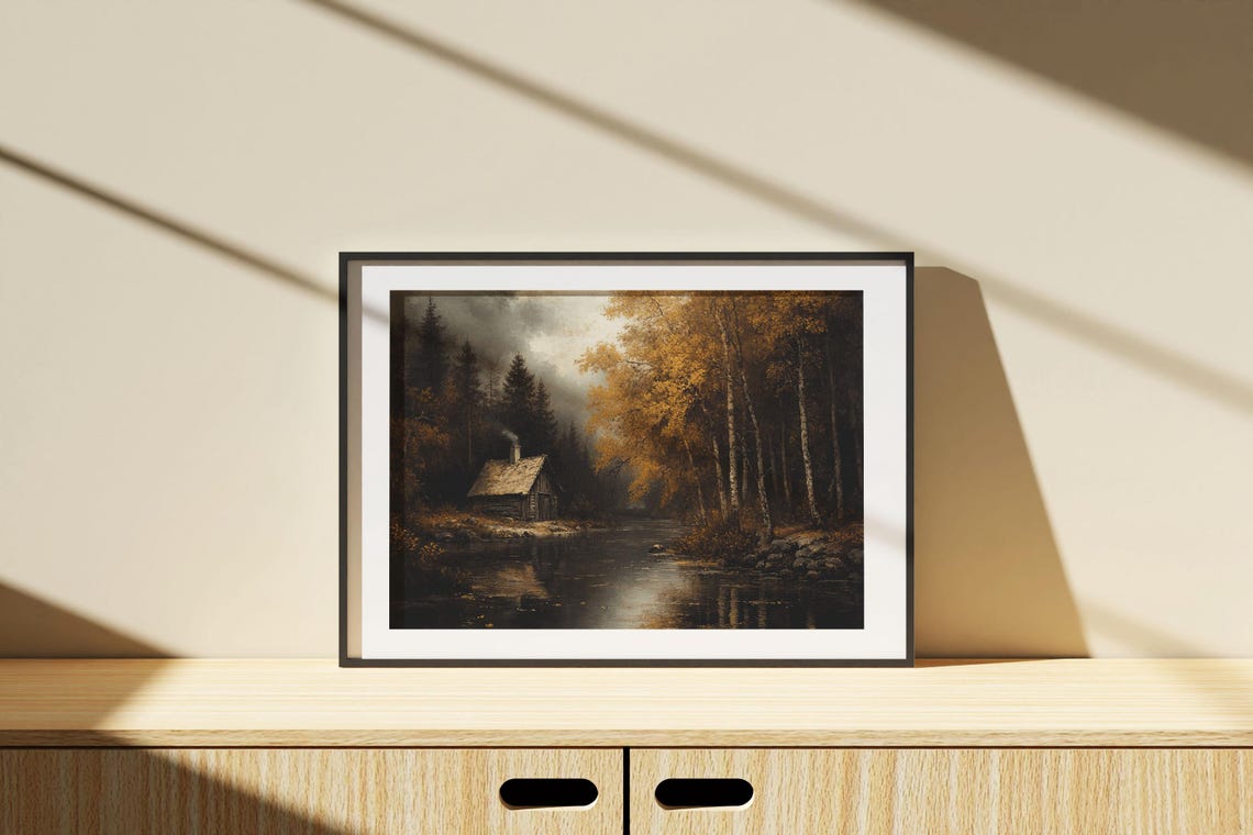 Rustic Autumn Stone Cottage Beside a Golden Forest River Poster - Image 4