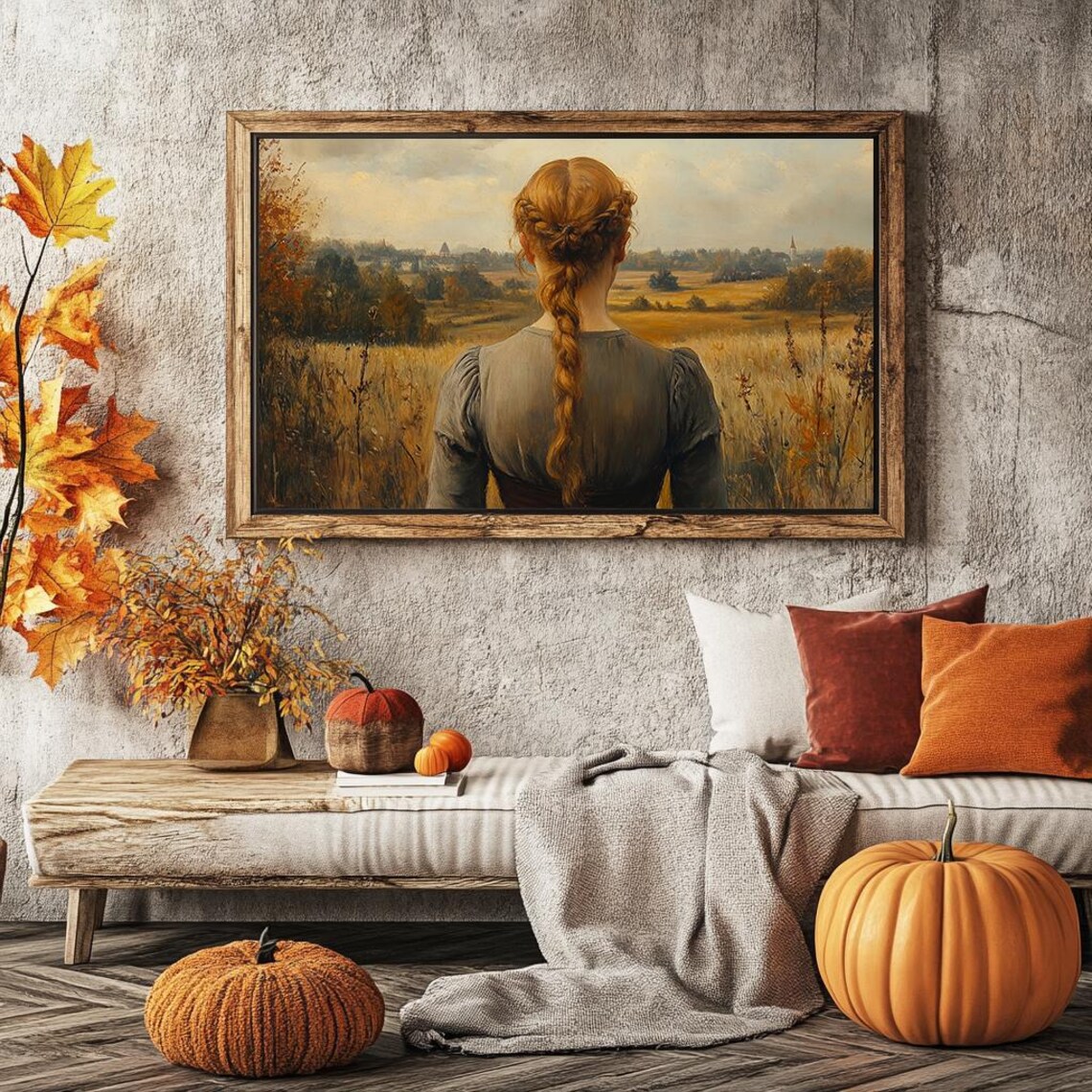 Girl With Braided Red Hair Overlooking Autumn Valley Vintage Oil Poster - Image 3