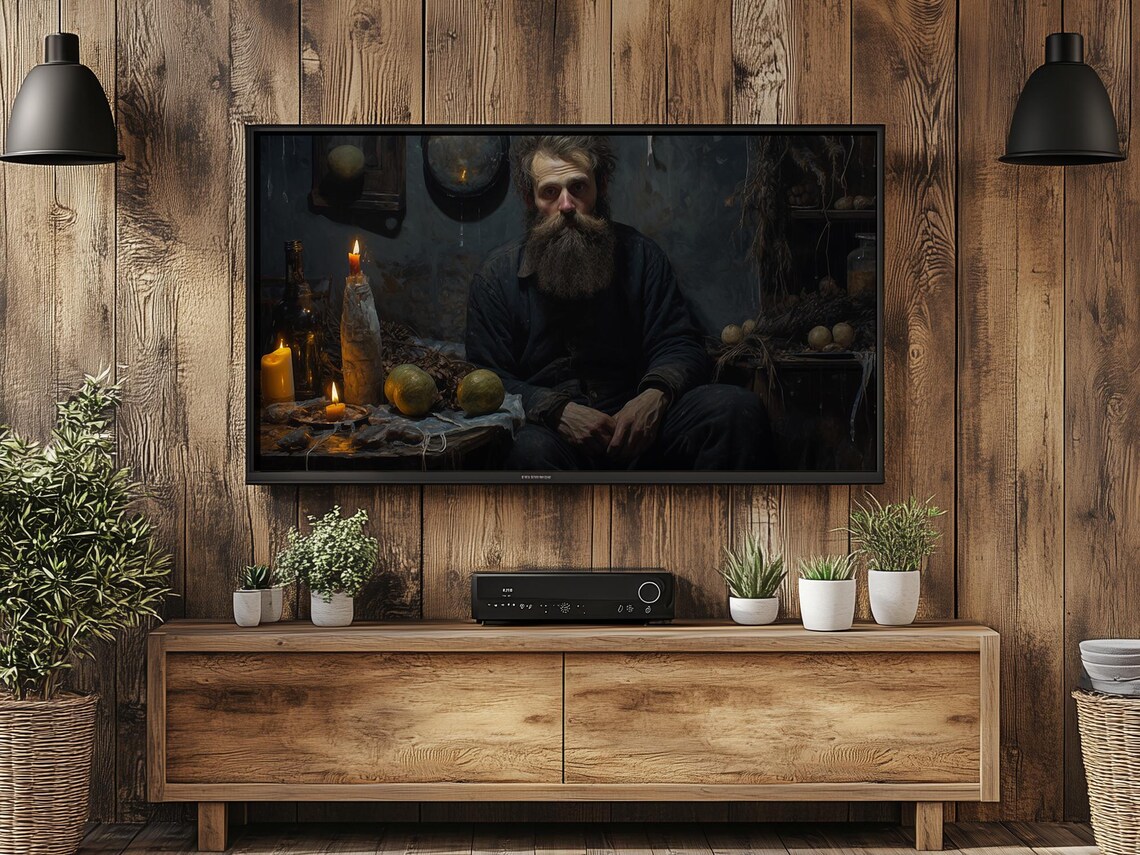 Bearded Man By Candlelight In Dark Rustic Room Moody Oil Painting Poster - Image 4