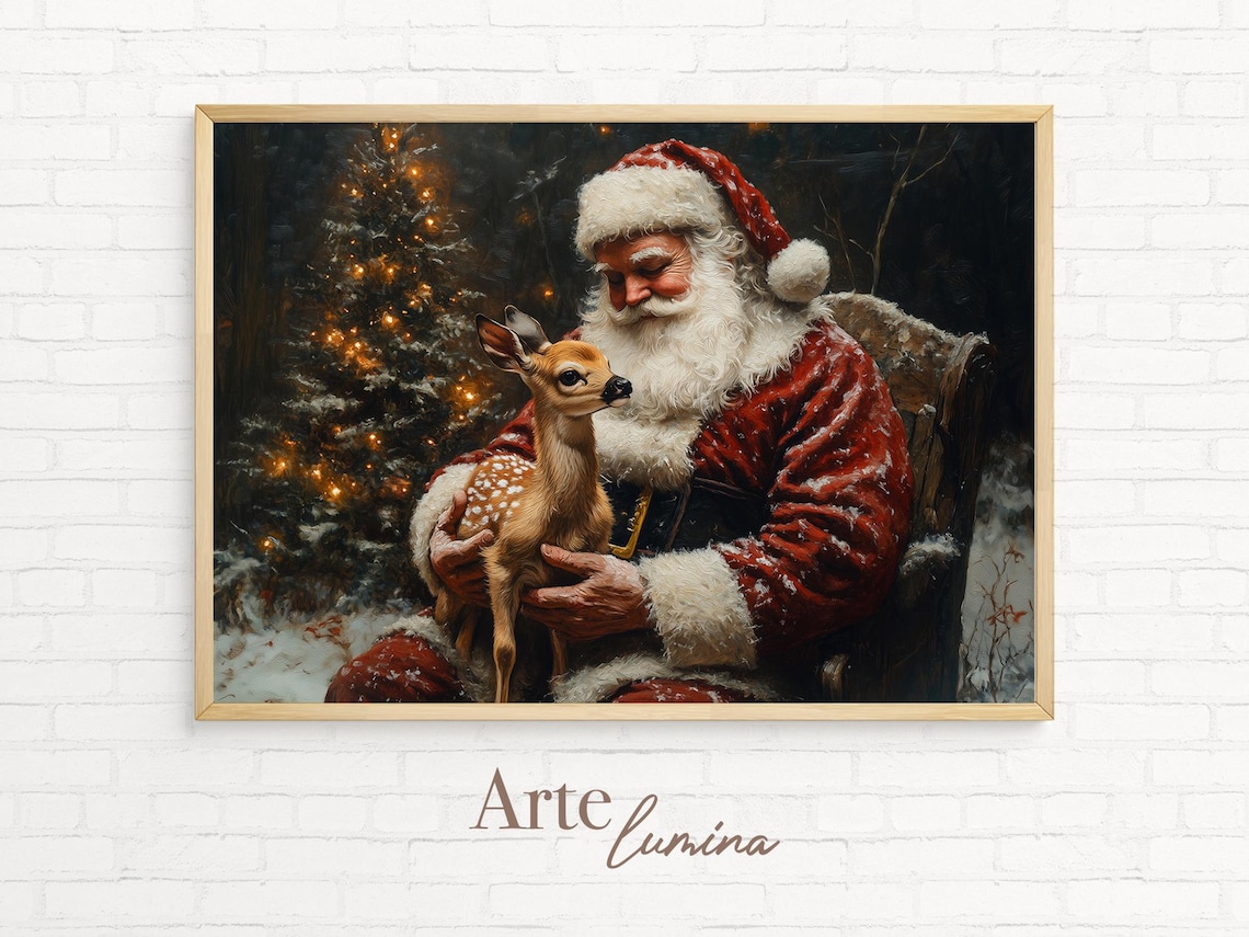 Santa Claus Holding Baby Deer Christmas Night Scene Painting Poster