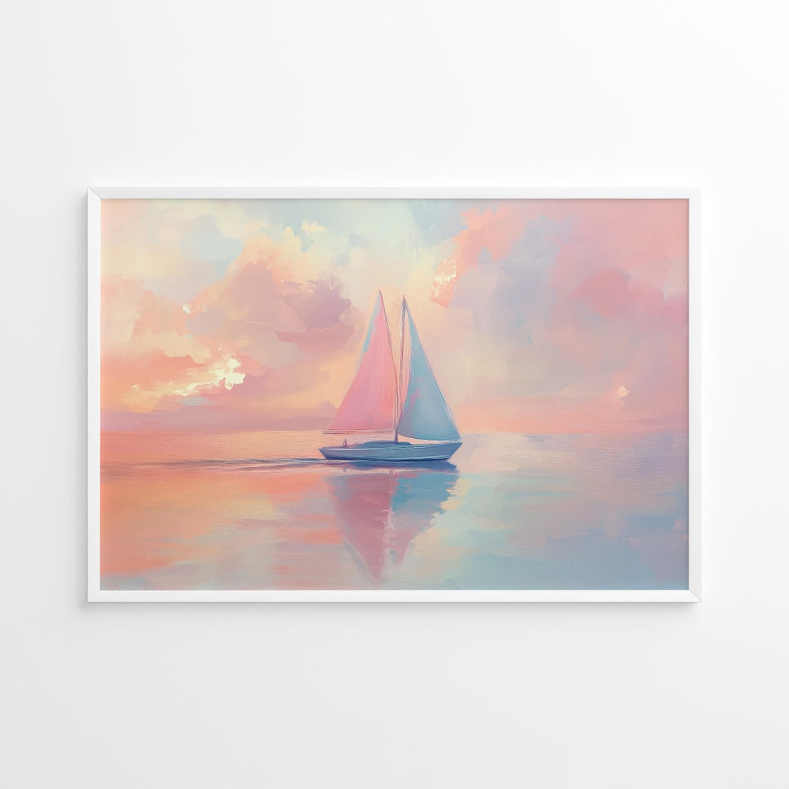 Sailboat Reflection Pastel Sunset Serene Ocean Nautical Art Poster