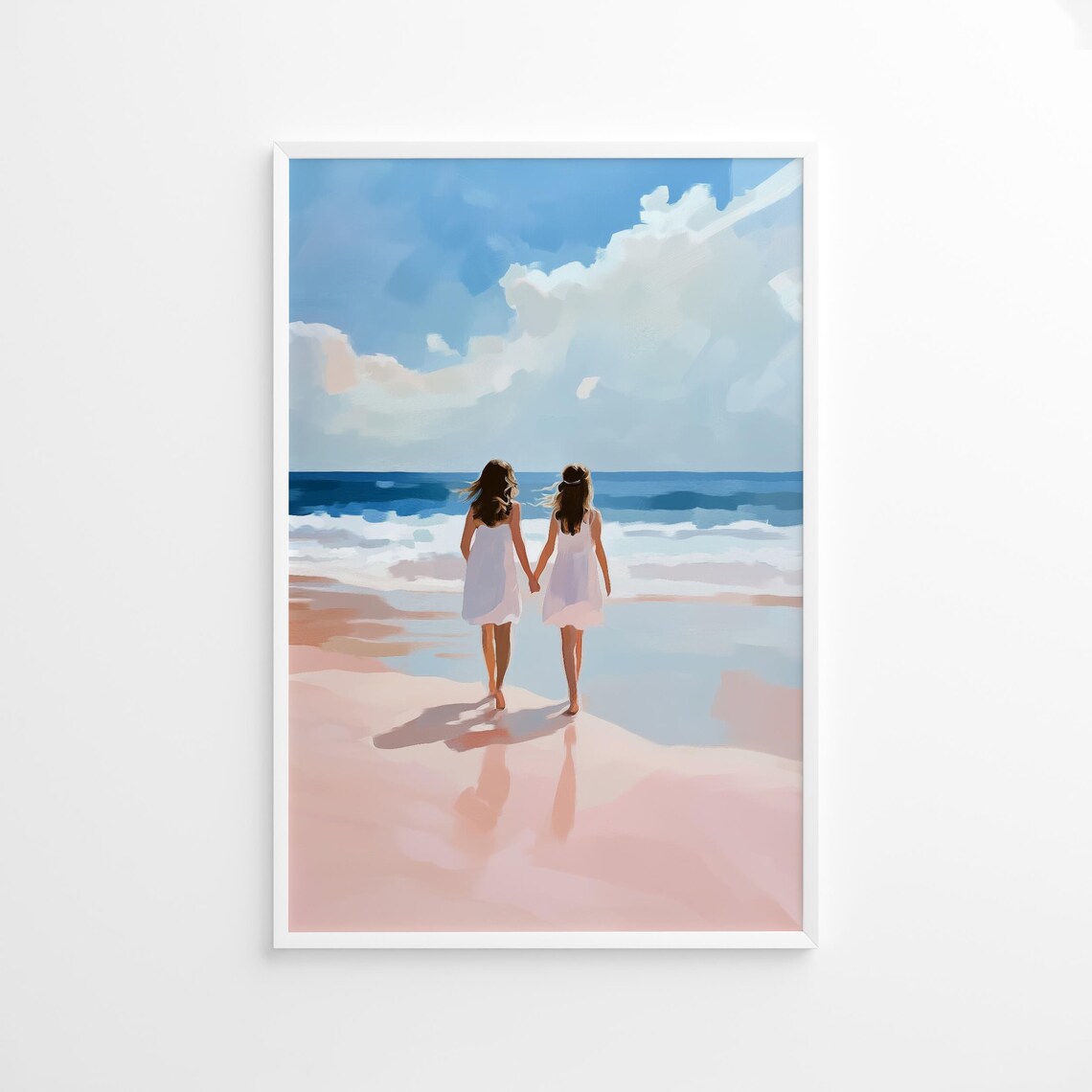 Two Girls Holding Hands Walking Toward the Ocean Beach Art Poster