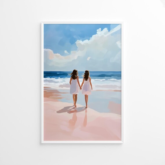 Two Girls Holding Hands Walking Toward the Ocean Beach Art Poster